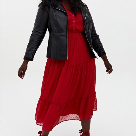 Torrid Maxi Midi Chiffon Clip Swiss Dot Pleated Red Dress - Picture 3 of 12